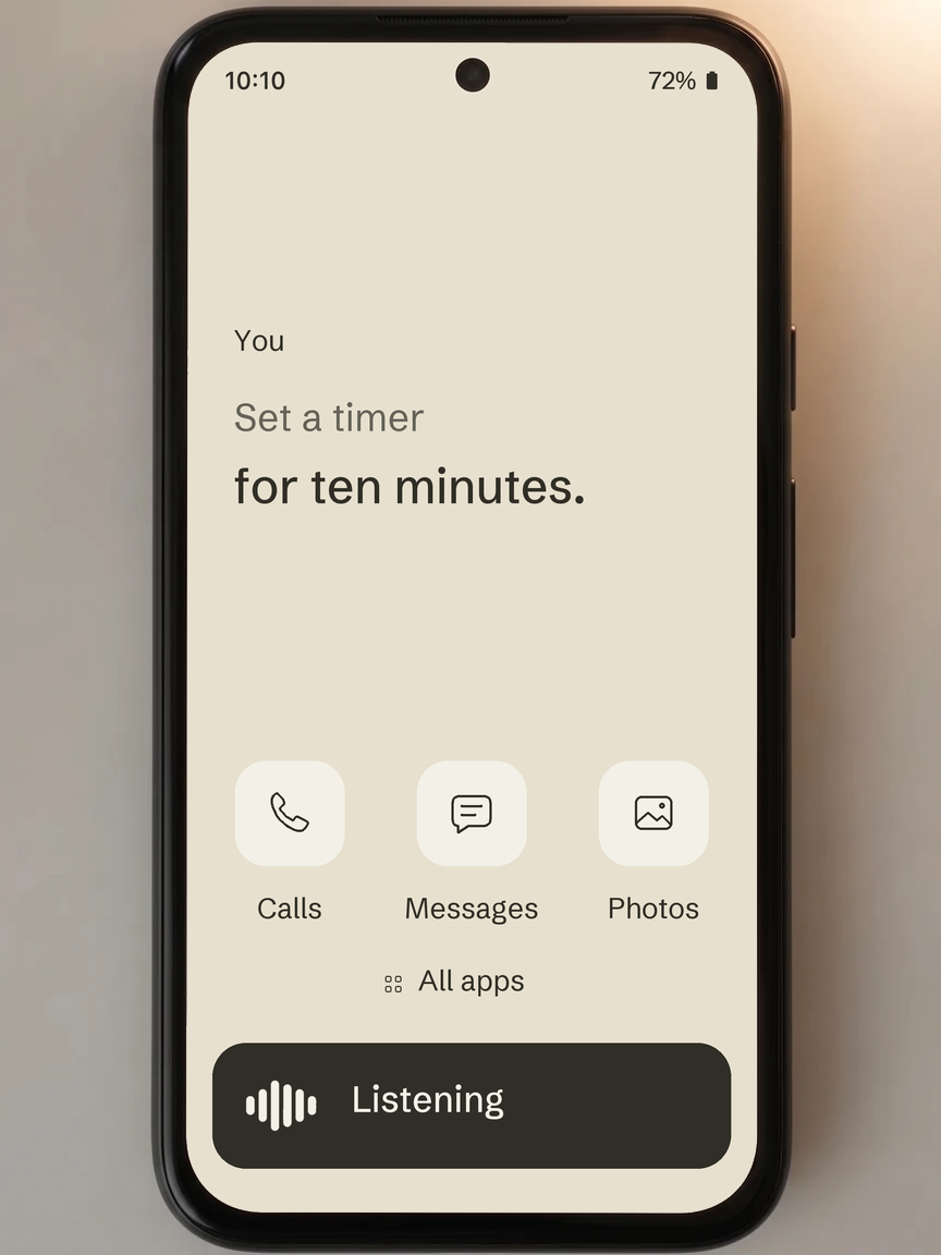 Mission OS listening screen on a Google Pixel 8a